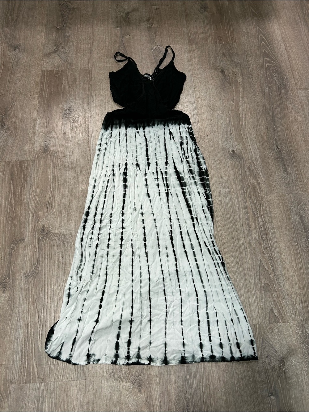 EARTHBOUND Black & White Tie-Dye Maxi Dress with Spaghetti Straps